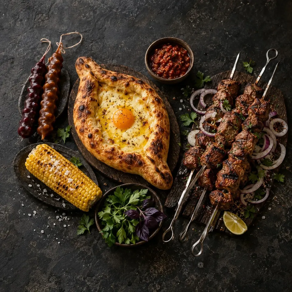 Хачапури по-аджарски с желтком, шашлык на шампурах, варёная кукуруза и чурчхела на тёмном каменном столе